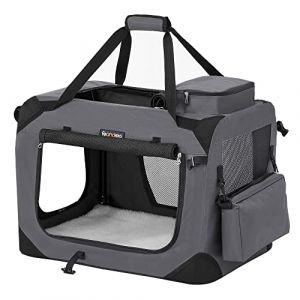 FEANDREA Sac Transport Chat Chien, Caisse Pliable Animaux de Companie, Taille M, Tissu Oxford, Filet, Respirant, Portable, Cadre en Métal, avec Poignées et Pochettes, 60 x 42 x 42 cm, Gris