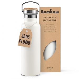 Bambaw Gourde Isotherme 1l, Thermos Blanc, Gourde 1l Inox, Gourde Sport, Bouteille d’Eau Réutilisable – Blanc Polaire