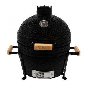 Monster shop Barbecue Charbon de Bois Mini Kamado, BBQ Céramique Noir 40,6cm avec Poignée en Bois, Thermomètre Intégré, Ventilation Supérieure & Inférieure, Extérieur Jardin Camping
