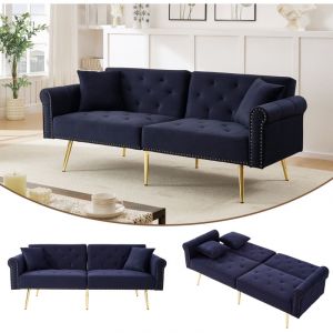 Canap&eacute; convertible 2 places, dossier r&eacute;glable en 3 angles, 2 coussins, canap&eacute; droit pour salon ou chambre, velours, pieds m&eacute;tal, bleu fonc&eacute;