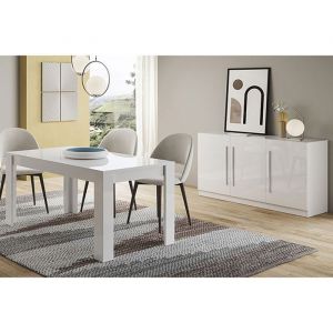Ensemble S&eacute;jour Laqu&eacute; Blanc Table 160cm + Buffet 3 Portes - CLARK - ALTOBUY