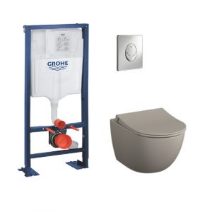 vitra Wc suspendu avec Abattant frein de chute + Bati support Grohe et Plaque de commande, plaque chrome, taupe mat