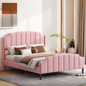 Lit capitonné avec sommier à lattes - tissu en velours - 140x200cm - rose