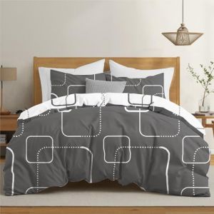 Image de Dreamzie Housse de Couette 200x200 cm avec 2 Taies d'oreiller 65x65 cm, Motif Geo Gris Blanc, Parure de Lit en Microfibre 200x200 avec Fermeture &Eacute;clair, Linge de Lit 2 Personnes, Oeko TEX