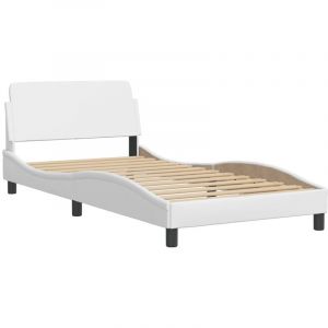 VidaXL Cadre de Lit avec Tête de Lit, Lit Rembourré avec Sommier à Lattes, Lit Simple avec Pied Chambre, Blanc 100x200 cm Similicuir