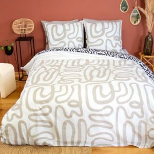 Cot&eacute; D&eacute;co Parure de lit Adulte 100% Coton - Housse de Couette 220x240 cm + 2 Taies d'oreiller 63x63 cm Motif g&eacute;om&eacute;trique r&eacute;versible Beige Blanc et Noir