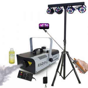 Boost Pack Pied Lumière Portique DJ -LIGHT70 4 Projecteurs - Machine Fumée Ibiza LSM1200PRO - Enceinte Perche FREESOUND-SELFIE