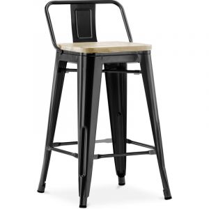 Privatefloor Tabouret de bar avec dossier - Design industriel - Bois et acier - 60cm - Nouvelle &eacute;dition - Stylix Noir