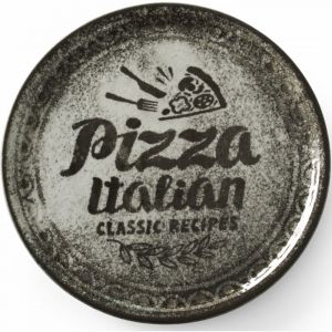 Hendi Assiette à Pizza Ronde en Porcelaine Émaillée avec Motif Texte et Illustration, Assiette pour Servir la Pizza, Compatible Micro-ondes et Lave-vaisselle, ⌀310mm, Noir