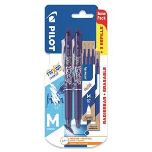 Pilot Clicker Lot de 2 stylos à encre gel rétractables effaçables Encre bleue Pointe moyenne 0,7 mm Blister de 2 + 6 recharges