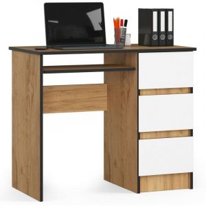 Bureau d'ordinateur AKORD droit A6 Chêne Craft 90 cm 3 tiroirs façade Blanche 1 étagère 90x50x77 cm