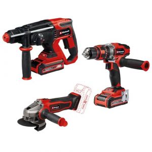 Einhell Power X-Change Kit d'outils avec batterie TE-AG 18/115-2, perceuse à percussion TE-CD 18/48, marteau perforateur avec batterie TE-HD 18/20, 2 x 3,0 Ah, chargeur)
