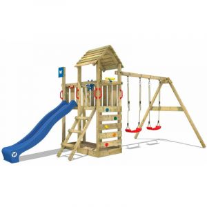 Image de Wickey Aire de jeux Portique bois Smart Rival avec balançoire et toboggan bleu Maison enfant exterieur avec bac à sable