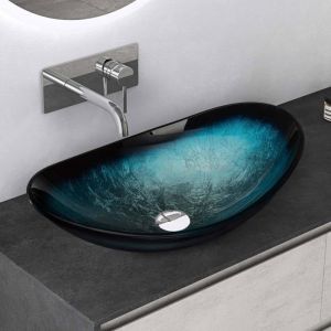 Mai & Mai Lavabo à Poser en Verre Lave-Mains Vasque Ovale à Poser Lavabo Bleu pour Salle de Bain WC d'Invités 53,5x35,5x16 cm Min08