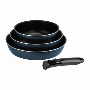 Sitram 714253 Lot de 3 Poêles Aluminium pressé Ø 20/24/28 cm - Revêtement intérieur anti-adhésif 2 couches - Coloris Bleu métal mat - Manche amovible OVIBLE - Tous feux dont induction