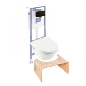 Villeroy & Boch Pack WC sans bride Architectura abattant + bâti-support sol et mur + plaque noir mat + Tabouret bois