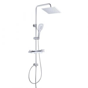 JOHO Colonne de Douche Complet Design Colonne Douche Murale Salle de Bain avec Étagère Douche Ensemble Douche Baignoire Réglable en Hauteur avec Douchette Carre et Pommeau Douche 20x20cm