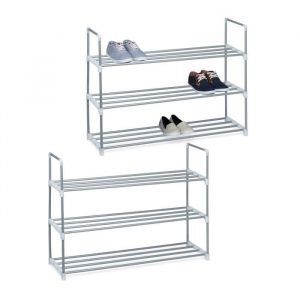 Relaxdays &Eacute;tag&egrave;re &agrave; chaussures, lot de 2, &agrave; embo&icirc;ter, en m&eacute;tal, 3 &eacute;tages, 70x90x31 cm, extensible, rangement &agrave; embo&icirc;ter, argent