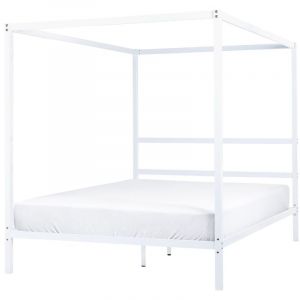 Beliani Cadre de Lit à Baldaquin Double avec Lattes 160 x 200 cm en Métal Blanc Lestards - Blanc