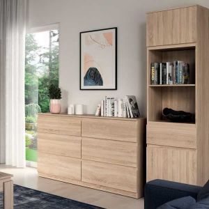 Commode 6 tiroirs Chêne clair - QIZ - Bois clair - Bois - L 137 x l 35 x H 84 cm - Commode