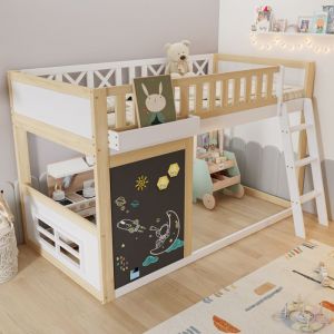Lit mezzanine 90x200cm - Avec échelle et tableau noir - Garde-corps de sécurité - Bois massif+MDF - Blanc + Naturel(sans matelas)