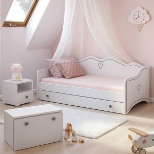 Lit enfant Emma blanc avec tiroir, barrière, matelas et sommier, 180x80 160x80 140x70, pour chambre d'enfant