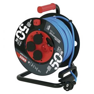 EMOS enrouleur de câble d'exteriéur, résistant au gel avec isolation en PVC durable, 50m de câble 1,5 mm2, 4 prises avec couvercles rabattables, IP44 étanche pour l'extérieur, l'industrie, le chantier