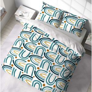 Coté Déco Parure de lit avec Housse de Couette 220x240 cm + 2 Taies d'oreiller 63x63cm pour lit 2 Personnes Arc en Ciel Bleu Microfibre