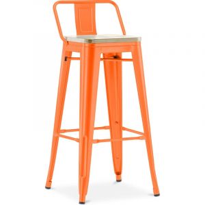 Tabouret De Bar Avec Petit Dossier Bistrot Metalix Design Industriel En M&eacute;tal Et Bois Clair - 76 Cm - Nouvelle &Eacute;dition Orange