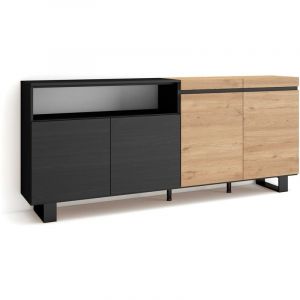 Buffet salon et cuisine Meuble de Rangement, Commode 200x87x35cm 4 Portes Design industriel Style moderne Chêne et noir - Chêne et noir - Skraut Home