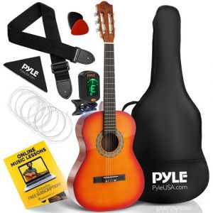 Pyle Guitare Acoustique Classique pour D&eacute;butants de 36&rdquo; - Guitare &agrave; 6 Cordes Taille Junior 3/4 Fait Main avec &Eacute;tui, Accordeur Num&eacute;rique, Cordes en Nylons, M&eacute;diators, Sangle, Id&eacute;ale pour D&eacute;butants