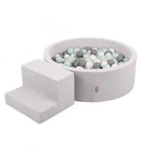 KiddyMoon Aire De Jeux En Mousse Avec Rond Piscine &Agrave; Balles (100 Balles) Pour Enfants, Gris Clair: Blanc/Gris/Menthe - gris clair: blanc/gris/menthe
