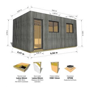 Image de STUDIO DE JARDIN &bull; 19,5 m2 - 5,55 x 3,52m &bull; Plancher isol&eacute; &bull; Bardage Gris &bull; Int&eacute;rieur OSB