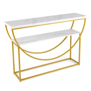 Table console Coast 120x30x80.5 cm - Marbre blanc avec cadre m&eacute;tallique dor&eacute; - 2 niveaux et &eacute;tag&egrave;re de rangement