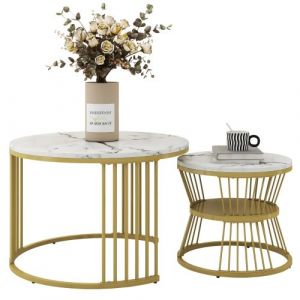 Table basse gigogne moderne, ensemble de table basse en placage de marbre rondes - Or et blanc