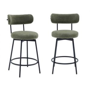 Lot de deux tabourets de bar assise rotative m&eacute;tal noir et tissu vert - L 50 x P 50 x H 92cm - Iris