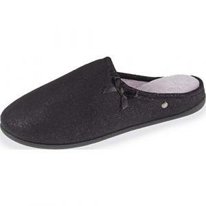 Isotoner 97154 Mule Confort Chaussons Mules Talon Femme Noeud Satin Suédine Métallisée Talon Réhaussé Semelle Confort Marque T-Noir T-36/37