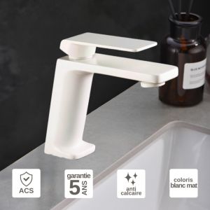 Imex Products - Robinet Mitigeur de Lavabo anti-calcaire Bec Bas Blanc Mat imex fiyi BDF016-1BL