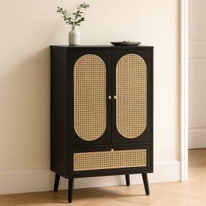 Urban Meuble - Meuble à chaussures haut noir en rotin 2 portes et 1 tiroir 60x40x110,5 cm