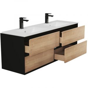 Meuble de salle de bain suspendu avec vasque &agrave; encastrer - Coloris naturel clair et noir - 150 cm - LANNICK