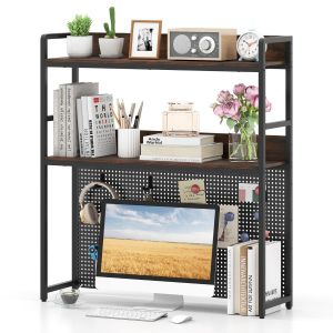 Coast Desk Rack with Pinboard & Metal Frame, 2tier Top Book Rack, 94x27x103 cm, Rustic Brown & Black