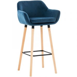 Décoshop26 Tabouret de bar lounge x1 design scandinave assise en velours bleu pieds en bois repose-pieds en métal 100004913