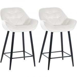 Décoshop26 Lot de 2 tabourets de bar chaises hautes assise effet capitonnée en velours blanc crème et métal noir 100004151