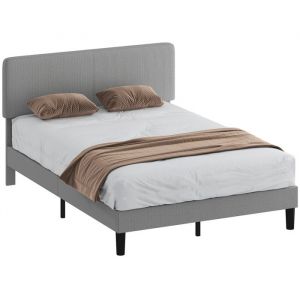 Homcom Cadre de lit - 140 x 190 cm - sommier &agrave; lattes en bois, t&ecirc;te de lit r&eacute;glable - rembourr&eacute; en velours c&ocirc;tel&eacute; - gris