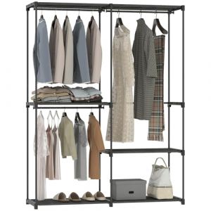 Homcom Armoire de Rangement, penderie Portable, Armoire Chambre avec 3 Barres de Suspension et 4 &eacute;tag&egrave;res, Facile &agrave; Assembler, penderie v&ecirc;tement pour vestiaire, Chambre, Dressing, 142x43x185cm, Noir