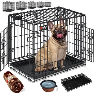 LOVPETCage de transport pliable pour chien avec couverture polaire+gamelle pour chien avec 2 portes-Cage de transport pour animaux-Boîte de transport pour chien-Avec plateau de sol-92,5x57,5x64cm