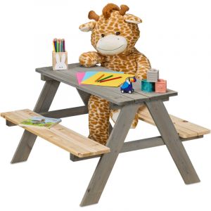 Relaxdays Table de pique-nique, pour 4 enfants, en bois de pin, h x l x p : 51 x 90 x 78 cm, jardin, gris et nature
