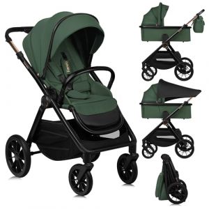 LIONELO LAYLA Poussette 2-en-1 0-48 mois jusqu'&agrave; 22 kg Nacelle jusqu'&agrave; 9 kg, R&eacute;glage du dossier et des pieds, AiryDots, Roues pivotantes 360o en PU Absorption totale des chocs Cabine XXL (Green)