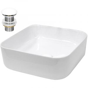 ECD Germany Lavabo en C&eacute;ramique Blanc 390x390x140 mm avec Garniture de Vidage 1 1/4