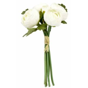 Ruedelafete Bouquet de 4 Renoncules et bouton avec raphia 23cm, Blanc naturel